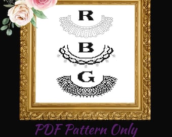 May include: A black and white printable PDF pattern for cross-stitching the initials RBG with a stylized collar design. The initials are stacked vertically with the R at the top, followed by B and then G.