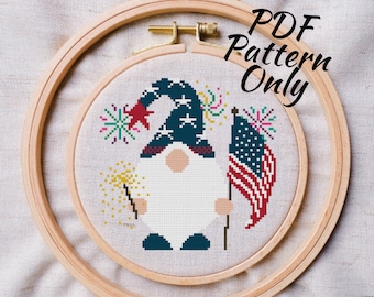 America Gnome cross stitch PDF pattern| Instant Download | modern holiday July 4th, fourth, independence day, USA, summer