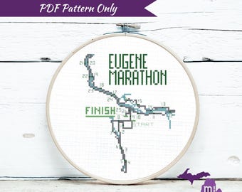 Eugene Marathon Cross Stitch Pattern | PDF Only | Run finish memorabilia customizable gift Oregon