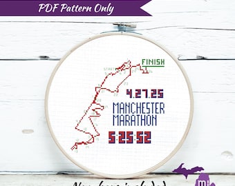 Manchester Marathon Cross Stitch Pattern | PDF Only | Run finish memorabilia customizable gift 26.2 England