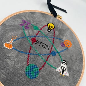 May include: A gray embroidery hoop with a colorful STEM atom design. The atom is made up of a light bulb, a rocket, a beaker, a globe, and a pi symbol. The word "STEM" is in the center of the atom.