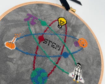 STEM ATOM | Finished Cross Stitch | science tech engineering math gift