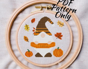 Thanksgiving Gnome cross stitch PDF pattern | Instant Download | modern holiday fall thankful leaves pumpkin