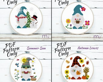 Seasons of Gnomes - ALL 4 | wzór krzyżykowy PDF | Natychmiastowe pobranie | nowoczesna wiosna lato jesień zima