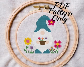 Spring Flower Gnome cross stitch PDF pattern| Instant Download | modern seasonal