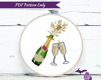 Pop Champagne | cross stitch PDF pattern | Instant Download | modern wedding gift