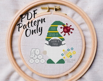 COVID-19 Gnome cross stitch PDF pattern| Instant Download | modern coronavirus, wash your hands, toilet paper, wear a mask