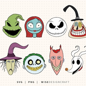 May include: A collection of eight illustrated character faces from The Nightmare Before Christmas, including Oogie Boogie, Sally, Jack Skellington, the Mayor, a witch, a clown, Lock, and Zero. The text SVG | PNG | WISEDESIGNCRAFT is at the bottom.