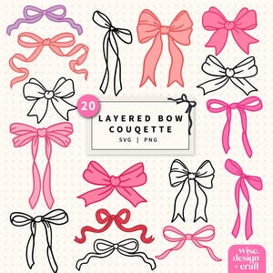 Peut inclure: Une collection de 20 modèles de nœuds superposés de différentes couleurs, dont le rose, le rouge et le violet, avec des contours noirs. Le texte "LAYERED BOW COUQUETTE SVG | PNG" est affiché dans un rectangle blanc. Fond beige clair.