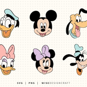May include: A collection of six cartoon character faces, including Donald Duck, Mickey Mouse, Pluto, Daisy Duck, Minnie Mouse, and Goofy. Each character is depicted with distinct features and colors, set against a dotted background. The image includes the text "SVG | PNG | WISE DESIGN CRAFT".