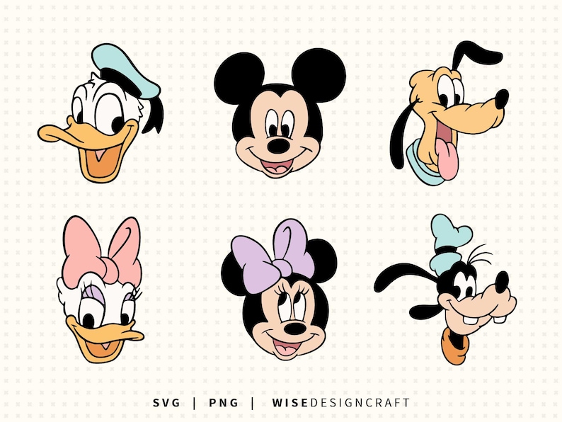 May include: A collection of six cartoon character faces, including Donald Duck, Mickey Mouse, Pluto, Daisy Duck, Minnie Mouse, and Goofy. Each character is depicted with distinct features and colors, set against a dotted background. The image includes the text "SVG | PNG | WISE DESIGN CRAFT".