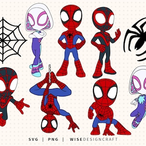 Może przedstawiać: Kolekcja ilustracji z postaciami Spider-Mana i powiązanymi elementami. Obrazy przedstawiają różne pozy Spider-Mana, Spider-Gwen, pajęczynę i sylwetkę pająka. Tekst "SVG | PNG | WISEDESIGNCRAFT" znajduje się na dole.