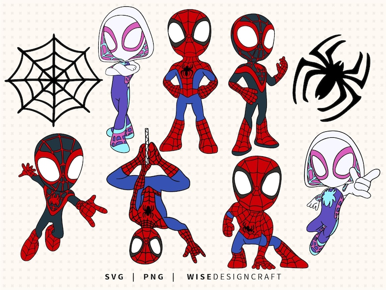 Puede incluir: Ilustraciones de dibujos animados con personajes de Spider-Man y elementos relacionados. Las im&aacute;genes incluyen varias poses de Spider-Man, Spider-Gwen, una telara&ntilde;a y una silueta de ara&ntilde;a. El texto "SVG | PNG | WISEDESIGNCRAFT" est&aacute; en la parte inferior.