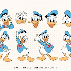 Pode incluir: Uma coleção de ilustrações do Pato Donald mostrando o personagem em várias poses e expressões faciais, vestindo uma camisa de marinheiro azul, um boné azul correspondente e uma gravata borboleta vermelha. O texto SVG | PNG | WISEDESIGNCRAFT está na parte inferior.