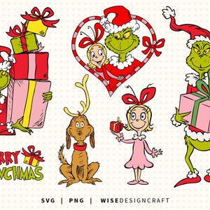 May include: A collection of digital illustrations featuring a green character in a red Santa suit holding various gift boxes, a green character and a blonde girl inside a heart frame, a brown dog with antlers, and the text Merry Grinchmas.