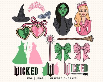 Paquete de imágenes SVG y PNG de Wicked: Corona de Glinda, Varita Mágica, Escoba, Lazo Verde de Elphaba (Descarga Digital)