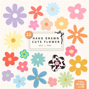 Puede incluir: Una colección de 21 ilustraciones de flores dibujadas a mano, coloridas y de diversas formas y tamaños. Las flores son en tonos de rosa, naranja, amarillo, azul y morado, algunas con patrones únicos. El texto en la imagen dice "HAND DRAWN CUTE FLOWER SVG | PNG".