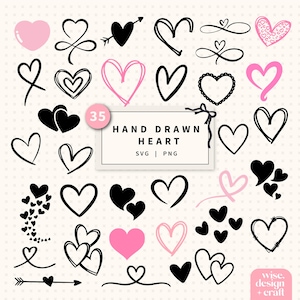 Könnte beinhalten: Eine Sammlung von 35 handgezeichneten Herzdesigns in Schwarz und Rosa, mit verschiedenen Stilen, darunter voll, umrandet und gemustert. Das Bild enthält den Text "HAND DRAWN HEART SVG | PNG". Der Hintergrund ist ein helles Punktmuster.