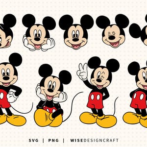May include: A collection of Mickey Mouse illustrations in various poses and expressions. Mickey is depicted with his signature black ears, red shorts, yellow shoes, and white gloves. The image includes the text "SVG | PNG | WISEDESIGNCRAFT".