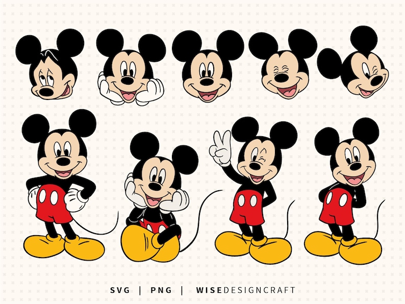 May include: A collection of Mickey Mouse illustrations in various poses and expressions. Mickey is depicted with his signature black ears, red shorts, yellow shoes, and white gloves. The image includes the text "SVG | PNG | WISEDESIGNCRAFT".
