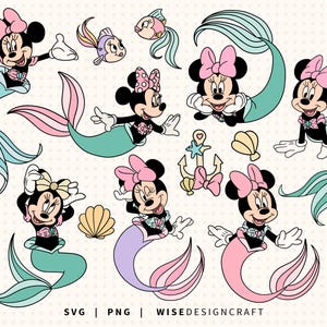 May include: A collection of cartoon illustrations featuring Minnie Mouse as mermaids. The images showcase Minnie in various poses with colorful mermaid tails in shades of blue, pink, and purple. Additional elements include fish, seashells, and an anchor with a bow.