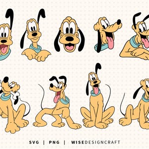 May include: A set of cartoon illustrations of Pluto, a yellow dog with black ears and a blue collar. The images show Pluto in various poses, including smiling, sitting, and holding a bone. The text "SVG | PNG | WISEDESIGNCRAFT" is at the bottom.