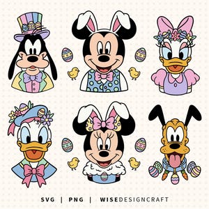 Puede incluir: Ilustración colorida con seis personajes de Disney con atuendos de Pascua. Goofy, Mickey, Daisy, Donald, Minnie y Pluto se representan con orejas de conejo, huevos de Pascua y accesorios primaverales. La imagen tiene un estilo de dibujos animados.