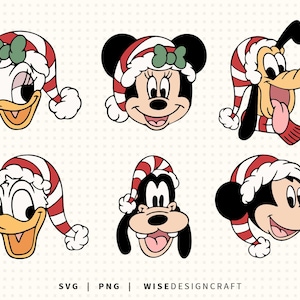 Puede incluir: Seis caras de personajes de dibujos animados, incluyendo a Daisy Duck, Minnie Mouse y Pluto, cada uno con un gorro de Navidad a rayas rojas y blancas. La imagen tiene un estilo vintage y el texto "SVG | PNG | WISE DESIGN CRAFT" está en la parte inferior.