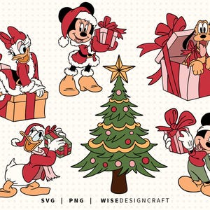 Peut inclure: Illustrations de Noël avec des personnages de dessins animés : Mickey, Minnie, Donald et Pluto. Ils portent des tenues de fête et tiennent des cadeaux. Un sapin de Noël décoré est également présent.