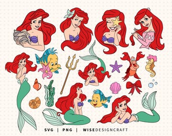 Meerjungfrau SVG PNG Layered: Ariel Prinzessin Clipart, Flunder, Sebastian (Digitaler Download)