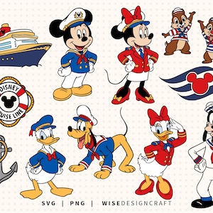 Puede incluir: Una colección de gráficos con temática de Disney Cruise Line. Incluye Mickey y Minnie Mouse, el Pato Donald, la Pata Daisy, Goofy, Chip y Chop, un crucero, un ancla y un salvavidas con las palabras "Disney Cruise Line".