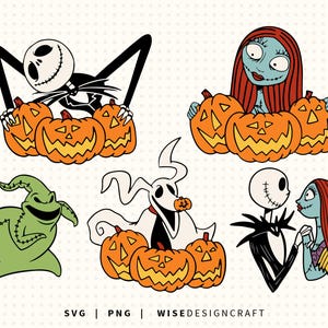 Op de afbeelding: Een verzameling kleurrijke illustraties met personages uit The Nightmare Before Christmas. Inclusief Jack Skellington, Sally, Zero en Oogie Boogie, elk met uitgesneden pompoenen. De ontwerpen zijn in SVG- en PNG-formaten.