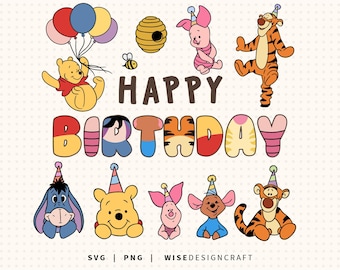Winnie The Pooh Geburtstag Layered SVG PNG, Happy Birthday Cake Topper (Digitaler Download)