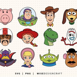 May include: A collection of cartoon character portraits, including a pink pig, Buzz Lightyear, Woody, Slinky Dog, and others. The image features a variety of colorful illustrations with the text "SVG | PNG | WISE DESIGN CRAFT" at the bottom.
