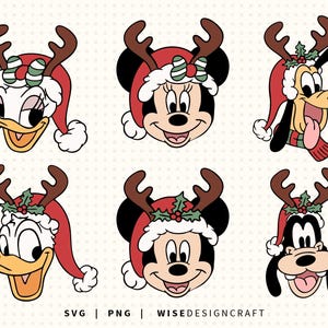 Puede incluir: Seis caras de personajes de dibujos animados, incluyendo Mickey y Minnie Mouse, Donald y Daisy Duck, y Goofy y Pluto, todos con gorros navideños con cuernos de reno. La imagen tiene un estilo vintage y retro.