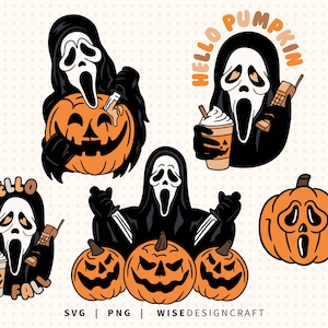 May include: A digital illustration set featuring the Ghostface character in black robes and white masks, interacting with orange jack-o'-lanterns, a coffee cup, and a vintage phone. Text includes "HELLO PUMPKIN" and "HELLO FALL" with "SVG | PNG | WISEDESIGNCRAFT" at the bottom.
