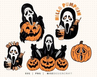 Ghostface Hello Pumpkin SVG PNG Bundle: Halloween PNG, Fall Clipart (Digital Download)