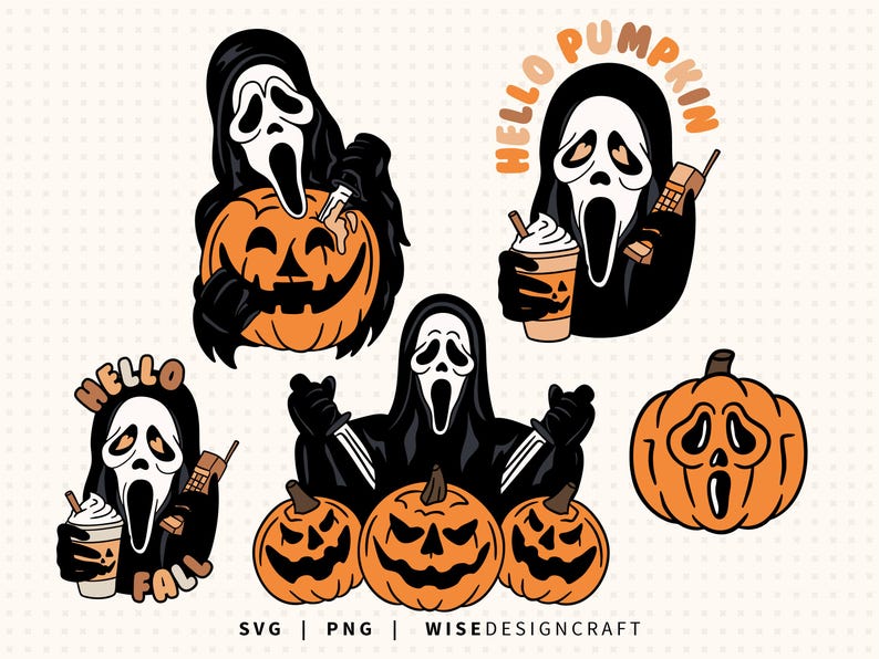Ghostface Hello Pumpkin SVG PNG-paket: Halloween PNG, höstclipart (digital nedladdning) bild 1