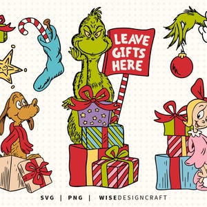 Puede incluir: Ilustración festiva con el Grinch, Max y Cindy Lou Who, junto con regalos de Navidad, un calcetín y un bastón de caramelo. El Grinch sostiene un letrero que dice "DEJA LOS REGALOS AQUÍ". También se incluye una estrella y un adorno.