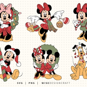 Peut inclure: Illustrations de Noël avec Mickey et Minnie Mouse, et Pluto. Les personnages sont décorés de couronnes, de cannes en sucre et de boules de Noël. La palette de couleurs comprend le rouge, le vert et le jaune.