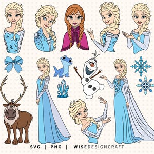 May include: A digital illustration set featuring characters and icons from Frozen, including Elsa in various poses, Anna, Olaf, a reindeer, a blue lizard, a bow, and snowflakes. The text SVG | PNG | WISEDESIGNCRAFT is visible at the bottom.