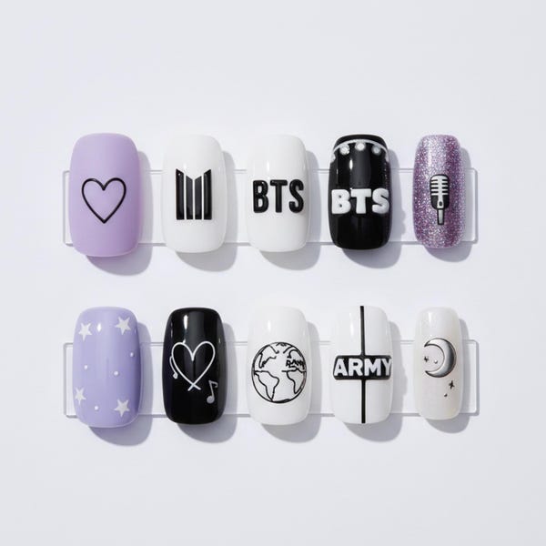 KPOP BTS Army Press-On Nails: Purple, Black & White Galactic Fan Set