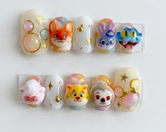 3D-djurpressnaglar | Pastellfärgade kawaii tecknade figurer