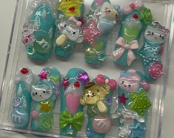 Ongles à presser Sweet Treats : service à desserts Kawaii bleu sarcelle lumineux
