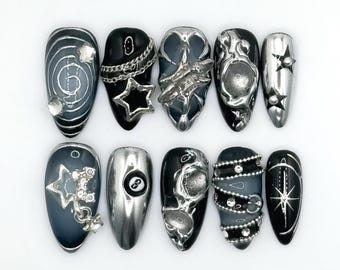Handgemachte Galaxy Chrome Press On Nails: 3D Stern Alien Nagel Set