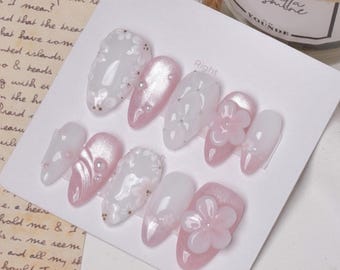 Paznokcie Kawaii 3D Press-On: Kwiat Wiśni | Romantyczne kwiaty Sakura i perłowy połysk w kolorze różu