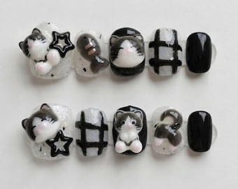 Kawaii-Kunstnägel mit schwarzer Katze zum Aufkleben | Niedliches 3D-Katzen-Nagelset | Minimalistische, einfarbige Nägel | Handgefertigte, individuelle Nägel