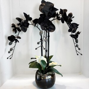 Composition florale luxueuse d'orchidées noires, centre de table de fleurs artificielles avec arums ivoire, décoration intérieure gothique moderne, fleurs artificielles dans un vase noir