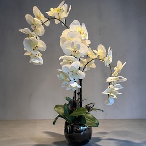 Composition florale de luxe en orchidées artificielles ivoire avec arums noirs, centre de table, vase noir, cadeau de décoration moderne