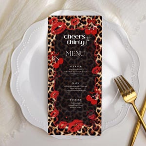 Cheetah Print Menu Card, Leopard Print Party Menu, Cherry Animal Print Birthday Menu Sign,Girl Birthday Decor, Editable Canva Template